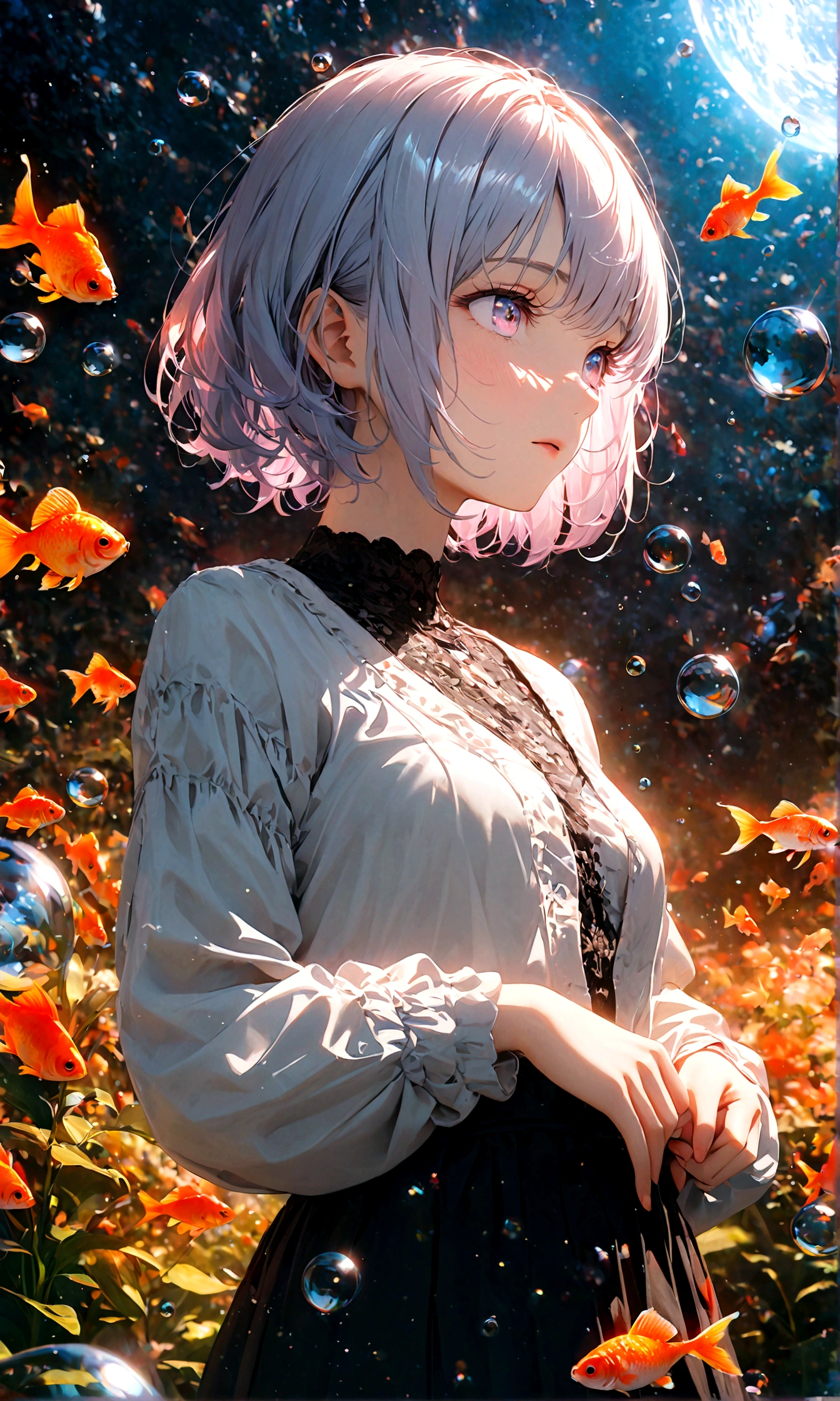 (woman\(student, , JK, Silver flowing short hair, Cosmic eyes, Pale skin, Tired face，Eyes without luster\) look up to the sky), (Many goldfish swimming in the air), Beautiful sky, Summer，Colorful flowers blooming everywhere, (Bubbles sparkling in the sky) ,quality\(8K,CG Wallpaper, masterpiece,High resolution,top-quality,Surrealism,Improve resolution,RAW photos,Best quality,Very detailed,light,Ray Tracing,Golden Ratio)