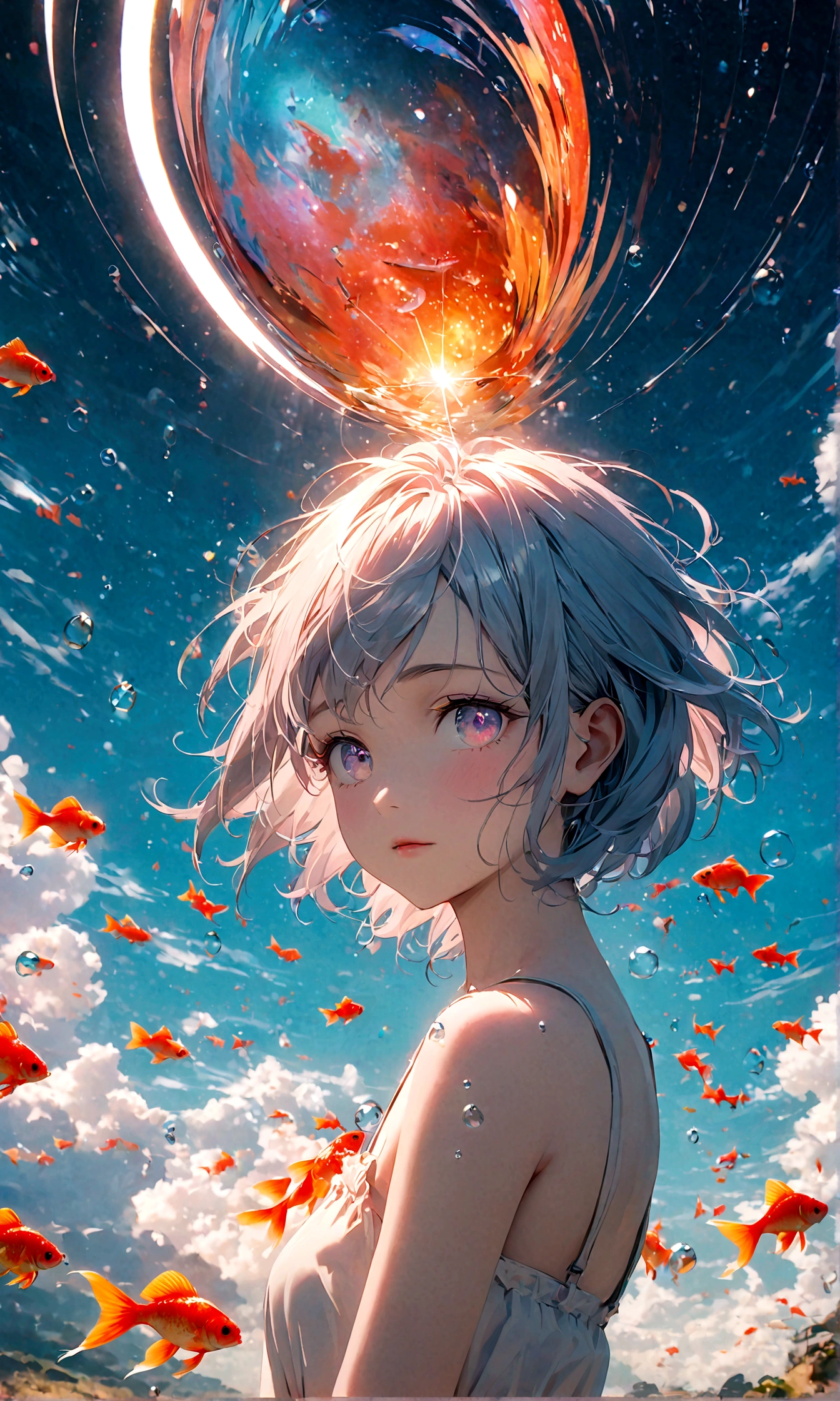 (woman\(student, 15 years old, JK, Silver flowing short hair, Cosmic eyes, Pale skin, Tired face,Eyes without luster\) look up to the sky), (Many goldfish swimming in the air), Beautiful sky, Summer,Colorful flowers blooming everywhere, (Bubbles sparkling in the sky) ,quality\(8K,CG Wallpaper, masterpiece,High resolution,top-quality,Surrealism,Improve resolution,RAW photos,Best quality,Very detailed,light,Ray Tracing,Golden Ratio)