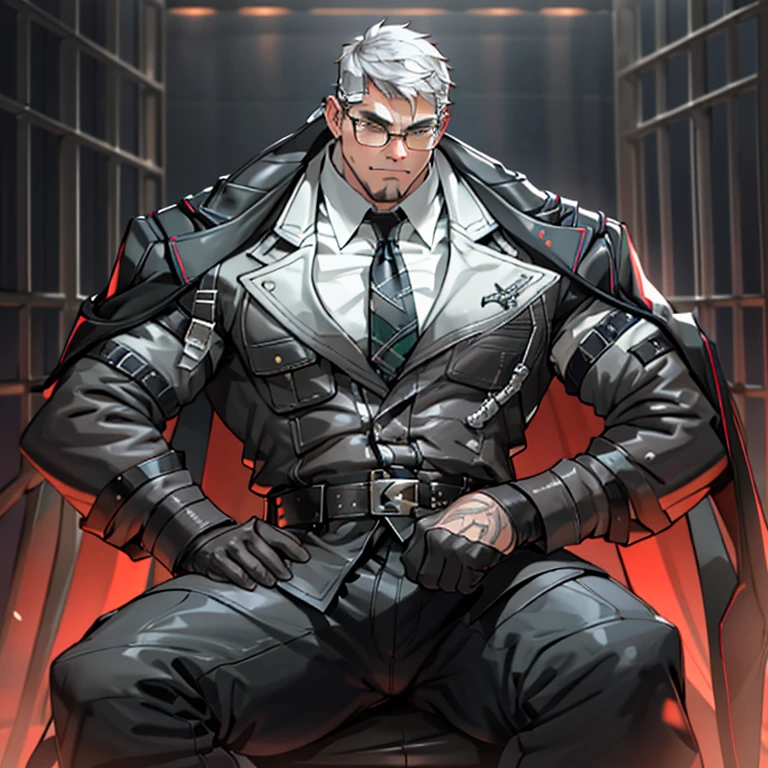 1boy, 16~20 years old, male focus, muscular male, nsfw, 3D, realistic, indoor, normal hue, central, golden ratio, sitting on the leather couch, sharp-featured body, tall, burly, highres, slender build, perfect anatomy, skin texture, thick dark buzzcut hair, see-through bangs, shallow eyebrow, symmetrical eyebrow, large bright eyes, symmetrical eyes, square gold-rimmed glasses, big straight nose, closed mouth, double-edged polearm, broad shoulders, noble attire, bdominal stretch, tight-fitting, leather collar, stand-up collared shirt, necktie, waistcoat, open thickened glossy dark leather jacket, six-pack abs, leather gloves, black trousers, leather belt, spreading long thin legs, large erect penis over 10 inches length and 3 inches width, erection, large scrotum with testicles, masturbation, high-heeled leather boots, soft smile, handsome, powerful, from front, looking ahead at viewer, day, masterpiece, best quality, hyper-detailed, intricate detail, professional photography, matte, bright, the most beautiful ever seen, post processing, dreamatic lighting, ambient lighting, epic composition, ultrawide shot, uplight, raytracing reflections, depth of field, gorgeous background