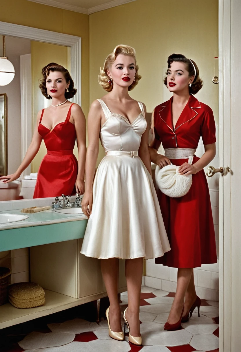 (RAW, Best quality, high resolution, Masterpiece: 1.3), Beautiful scene from the 1950s, ((Hombres y mujeres de los 50s)), ((With typical clothes from the 50s)), enjoying themselves at home in a luxuary bathroom, ((scenery set in a very big bathroom)), 1950s cinematic, image super defined, ((Personas y lugar Hiperrealismo)), 8k. The scene transports us back to the era of the 1950s, filled with classy women dressed in the fashion of that time. white silk, They are gathered around a nude blonde woman,the girls are wearing typical clothes from the 50s, low cut dresses, and sexy red underwear,
