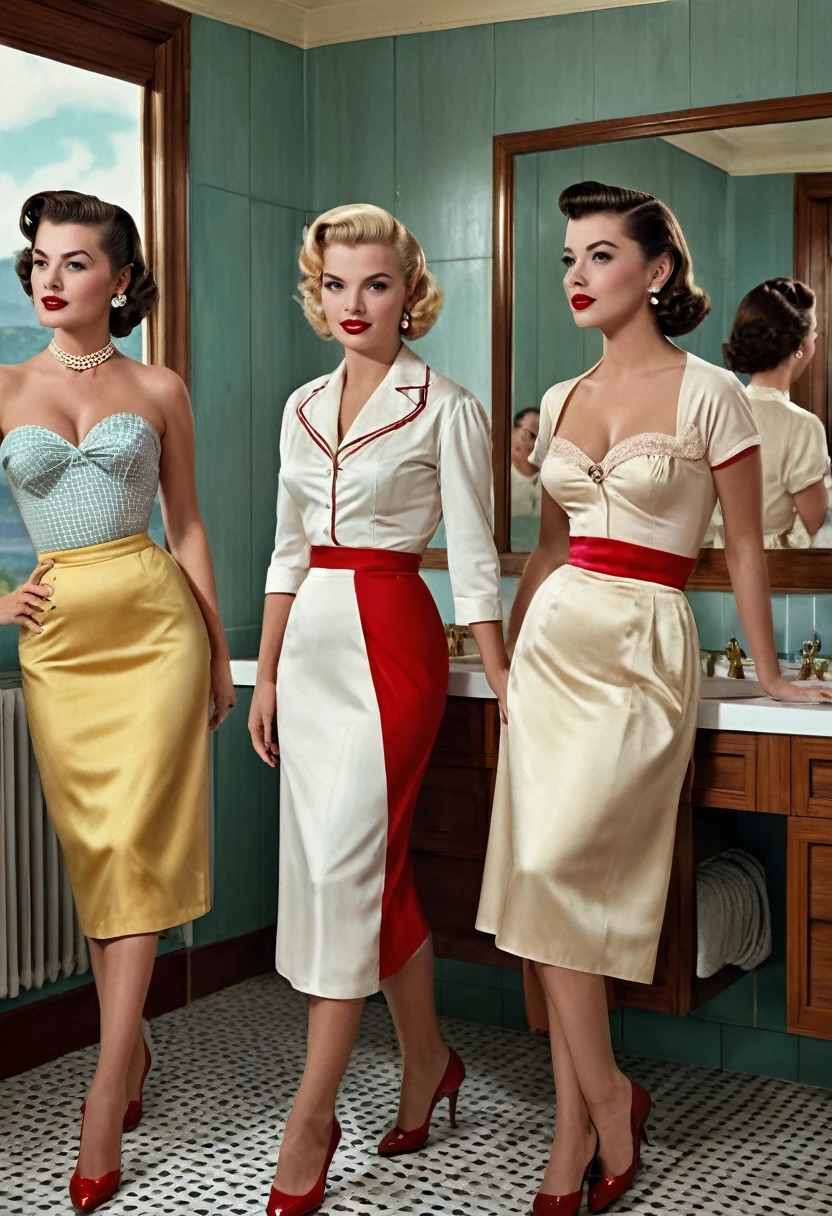 (RAW, Best quality, high resolution, Masterpiece: 1.3), Beautiful scene from the 1950s, ((Hombres y mujeres de los 50s)), ((With typical clothes from the 50s)), enjoying themselves at home in a luxuary bathroom, ((scenery set in a very big bathroom)), 1950s cinematic, image super defined, ((Personas y lugar Hiperrealismo)), 8k. The scene transports us back to the era of the 1950s, filled with classy women dressed in the fashion of that time. white silk, They are gathered around a  blonde woman,the girls are wearing typical clothes from the 50s, low cut dresses, and  red ,