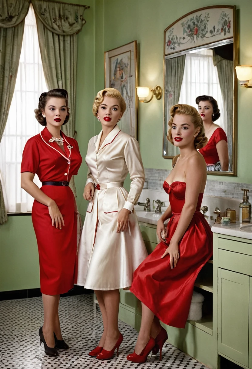 (RAW, Best quality, high resolution, Masterpiece: 1.3), Beautiful scene from the 1950s, ((Hombres y mujeres de los 50s)), ((With typical clothes from the 50s)), enjoying themselves at home in a luxuary bathroom, ((scenery set in a very big bathroom)), 1950s cinematic, image super defined, ((Personas y lugar Hiperrealismo)), 8k. The scene transports us back to the era of the 1950s, filled with classy women dressed in the fashion of that time. white silk, They are gathered around a nude blonde woman,the girls are wearing typical clothes from the 50s, low cut dresses, and sexy red underwear,