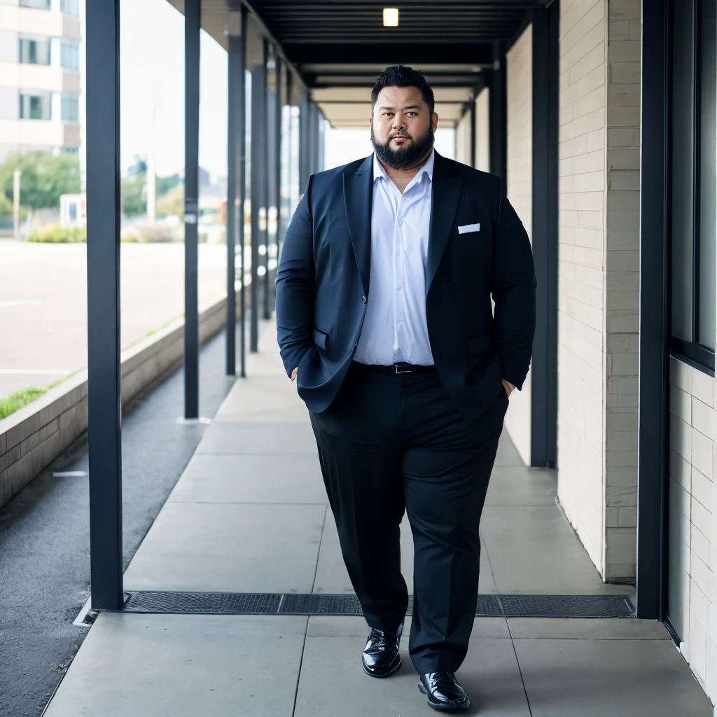 big, Fat Japanese man in a suit、whole body、office、Thick legs、Thick arm muscles、Intimidating、short hair、Kind Face、Long sleeve black jacket、Black trousers、Tight arm circumference、Long trousers、Tight suspension、Blue tie、tight white shirt、Groin bulge、Shirt tucked into pants、A very good rugby player、Intimidating、Having sex、Shiny black trousers、40 years old、tall