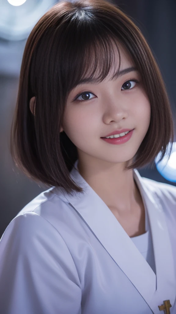 (A Ultra cute young Japanese priest:1.75), (She has Bible:1.75),(she wearing a priest costume slim fit:2.0),(beautiful detailed eyes:2.0),beautiful detailed lips, (extremely detailed cute face:2.0), longeyelashes, (slender woman body:2.0), (beautiful short hair:2.0), (natural makeup,big smile:1.5), incredibly beautiful skin,(professional lighting, bright lighting, photorealistic, 8k, high resolution, best quality, masterpiece, ultra-detailed:1.75), vivid colors, (Moonlit Night:1.5),(The moonlight shines on her face:1.2),She is in the church