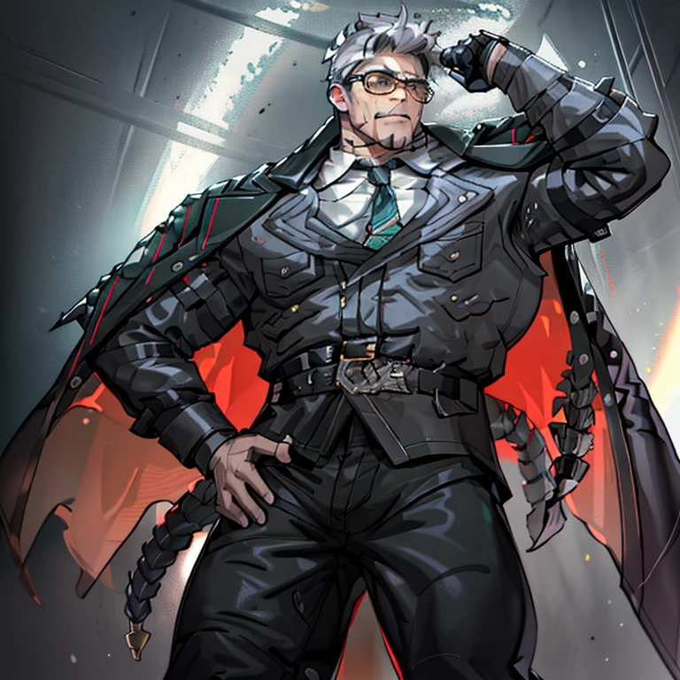 1boy, 16~20 years old, male focus, muscular male, nsfw, 3D, realistic, indoor, normal hue, central, golden ratio, sitting on the leather couch, sharp-featured body, tall, burly, highres, slender build, perfect anatomy, skin texture, thick dark buzzcut hair, see-through bangs, shallow eyebrow, symmetrical eyebrow, large bright eyes, symmetrical eyes, square gold-rimmed glasses, big straight nose, closed mouth, double-edged polearm, broad shoulders, noble attire, bdominal stretch, tight-fitting, leather collar, stand-up collared shirt, necktie, waistcoat, open thickened glossy dark leather jacket, six-pack abs, leather gloves, black trousers, leather belt, spreading long thin legs, large erect penis over 10 inches length and 3 inches width, erection, large scrotum with testicles, masturbation, high-heeled leather boots, soft smile, handsome, powerful, from front, looking ahead at viewer, day, masterpiece, best quality, hyper-detailed, intricate detail, professional photography, matte, bright, the most beautiful ever seen, post processing, dreamatic lighting, ambient lighting, epic composition, ultrawide shot, uplight, raytracing reflections, depth of field, gorgeous background