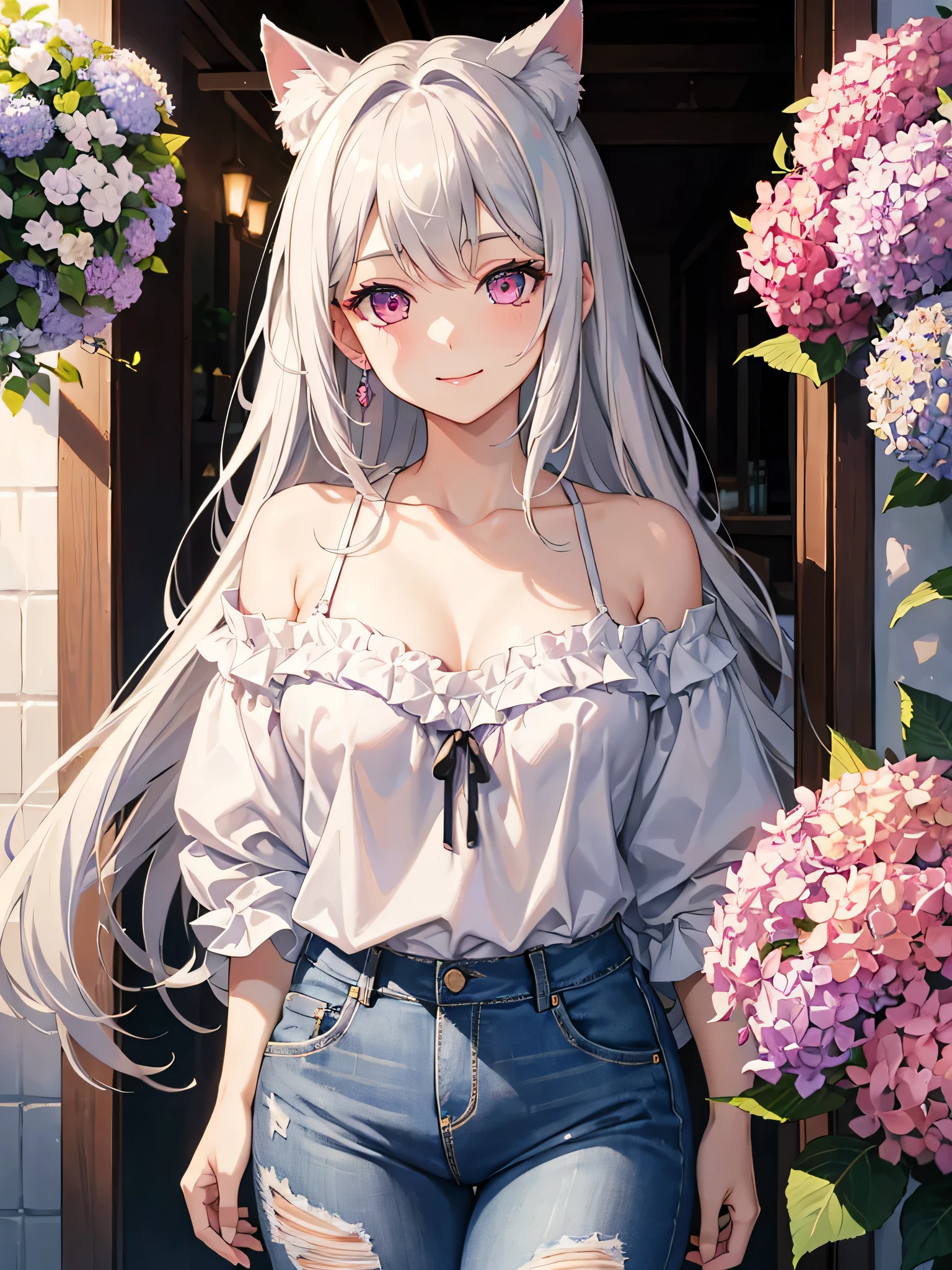 masterpiece,highest quality,8k quality ,Highly detailed face,fine grain,Waterfront,Highlighted eyes, medium breasts ,pretty girl,smile,Cat ear,Beautiful silver hair,Pink inside,Beautiful pink eyes,Oversized shirt、Hydrangea, distressed jeans