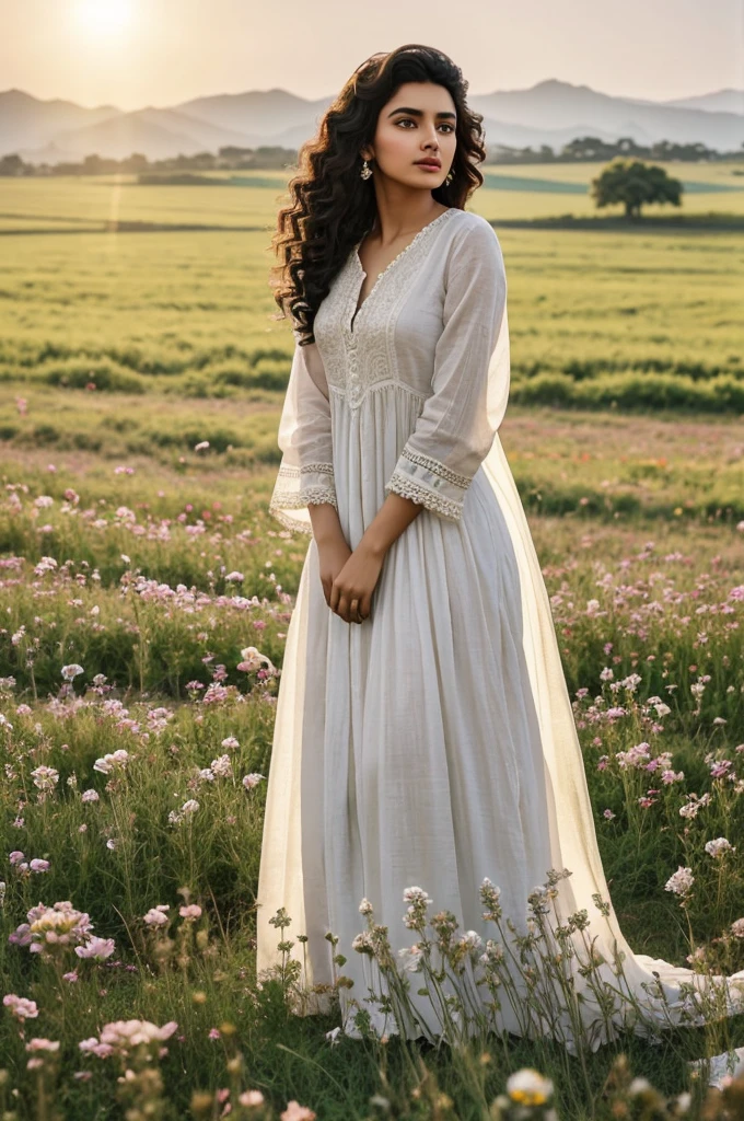 Pakistani model, 25 years old, black curly hair, brunette skin, face with artgram, angelic appearance, wearing a fine linen dress, standing on a hill full of flowers, and in the background flowers that stretch across extensive plains, and above the sun shines in a beautiful (divine) way, vastly illuminating the fields, best quality
