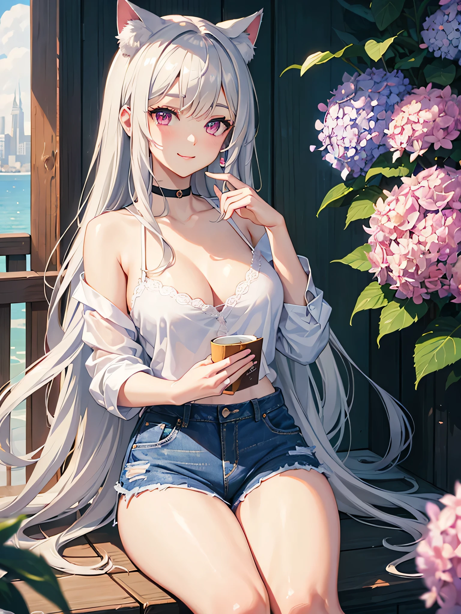 masterpiece,highest quality,8k quality ,Highly detailed face,fine grain,Waterfront,Highlighted eyes, medium breasts ,pretty girl,smile,Cat ear,Beautiful silver hair,Pink inside,Beautiful pink eyes,Oversized shirt、Hydrangea, distressed jeans