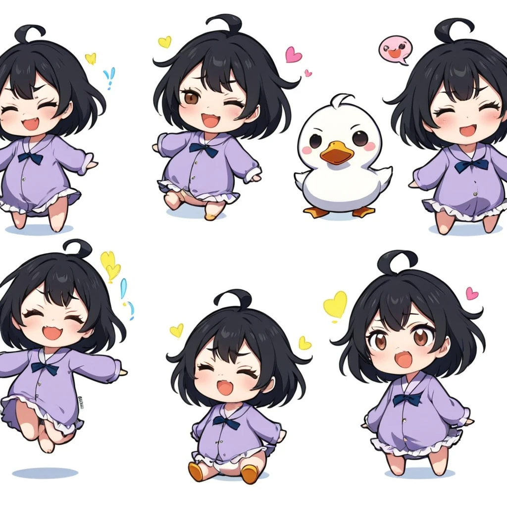 A lovely , screenshot, mori kei, duckcore plush doll art, exaggerated poses, happy, cute, expecting, laughing,
disappointed, exaggerated movements, various expressions and movements, sticker art design, white background, style cute