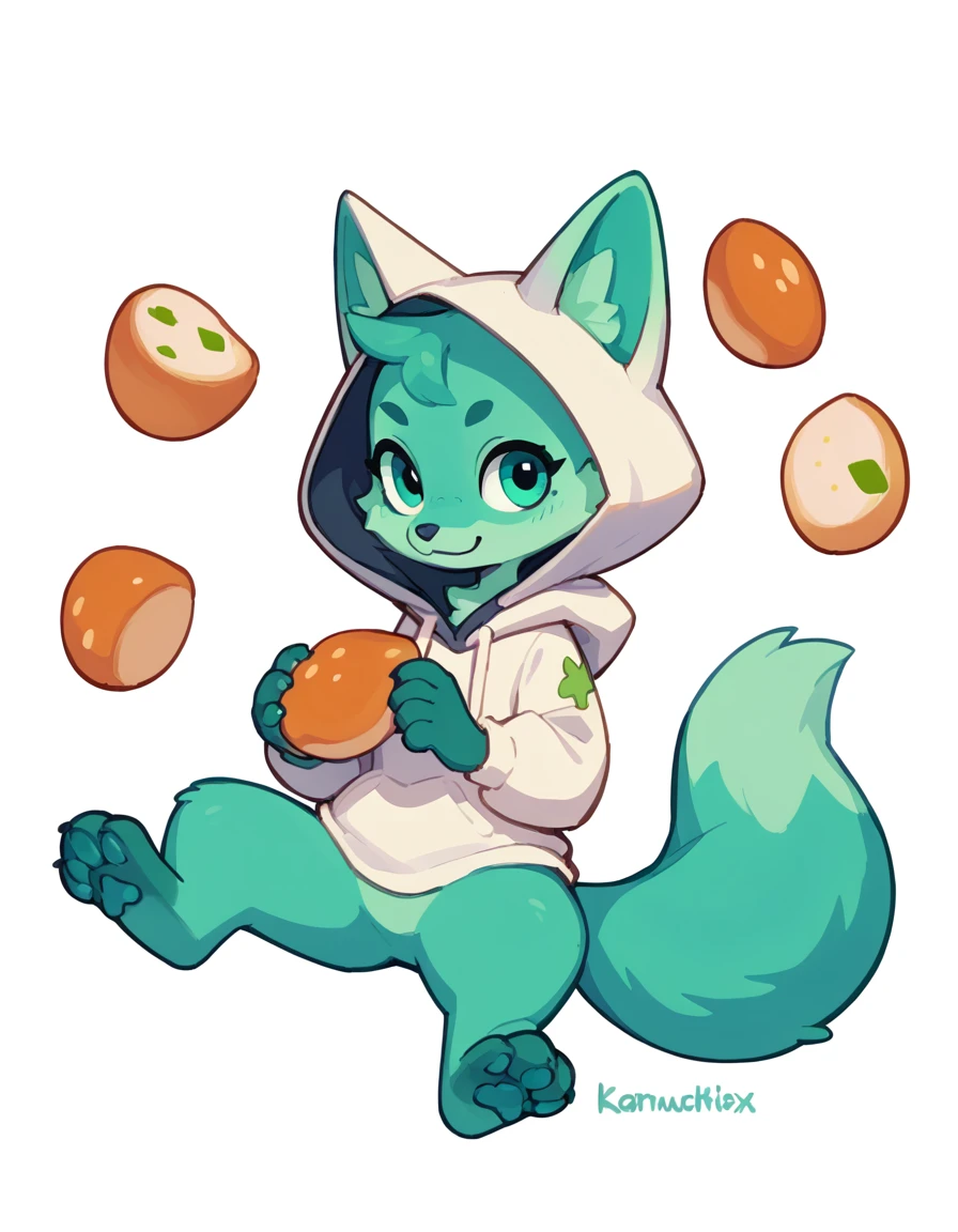 The Q version of the cute green fox,seductive pose, seductive expression, white background, hoodie, paws, beans