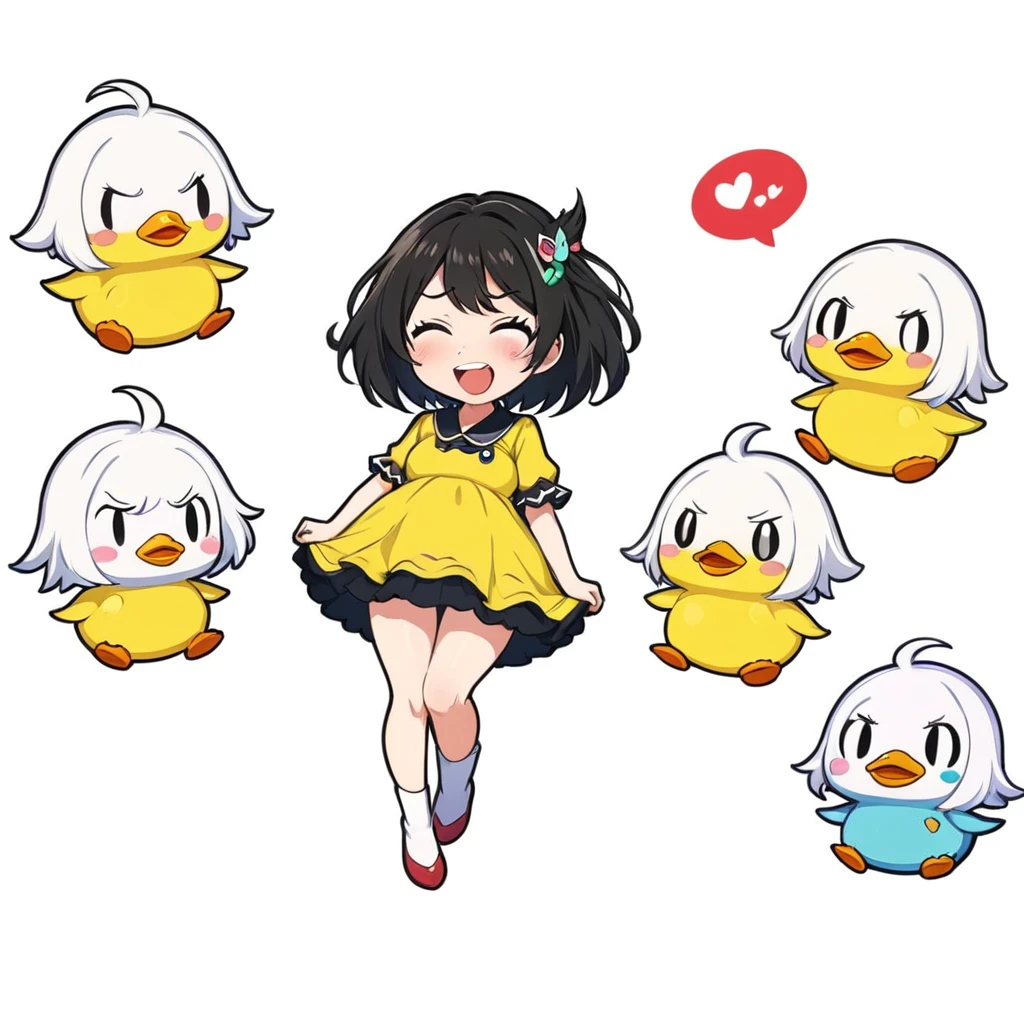 A lovely , screenshot, mori kei, duckcore plush doll art, exaggerated poses, happy, cute, expecting, laughing,
disappointed, exaggerated movements, various expressions and movements, sticker art design, white background, style cute