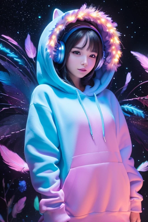 (A beautiful girl with black eyes in a night frame, full of stars, a decorative panel, abstract art, side shot, photorealistic, light pink hair, straight hair, beautiful black hair, glowing white skin, picturesque, sketch, texture, extremely high resolution, alone, beautiful woman, very detailed, fractal art, colorful, floral, most detailed, tangled, dynamic pose, abstract background, glowing skin, many colors, earrings, feather), (A cute chipmunk with fluffy fur wearing a silver blue outfit, including a hoodie and headphones, the background is modern and inorganic, adorable digital painting, 3d rendered, bright lighting, vibrant colors, outside and raining)