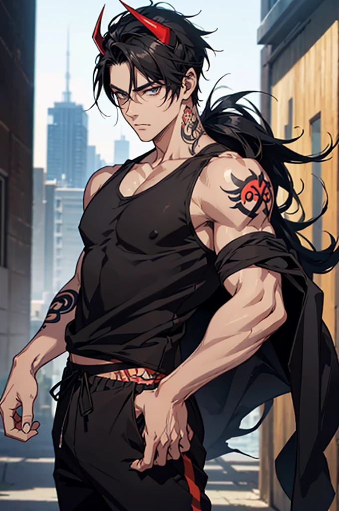 anime, male, muscular, tattoos, two devil horns protruding from hair, golden eyes, bangs, beautiful, handsome japanese demon, detailed digital anime art, short black hair in the undercut style, male anime character, inspired by tite kubo, mid 20s, masterpiece, light pencil strokes, broad shoulders, sharp black nails, black tank top and sweatpants, modern day clothing, pointed ears