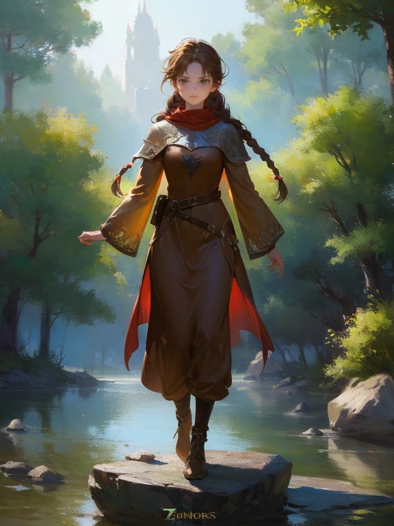 masterpiece, best quality, rpg character art, epic fantasy art style, 1 girl, Lily, 11 year old girl, kid, serious demeaner, dynamic pose, super powers, ready for battle, she has a white glow around her body, floating rocks levitating around her, full body fantasy concept art, caramel brown hair in 2 long braids, brown eyes, freckles, high detail, fantasy medieval style clothes (light clothing, modest but feminine), intricate details, ultra high resolution, sharp focus, HD, 8k, clear facial features, clear details, background is a forest, zoomed out view