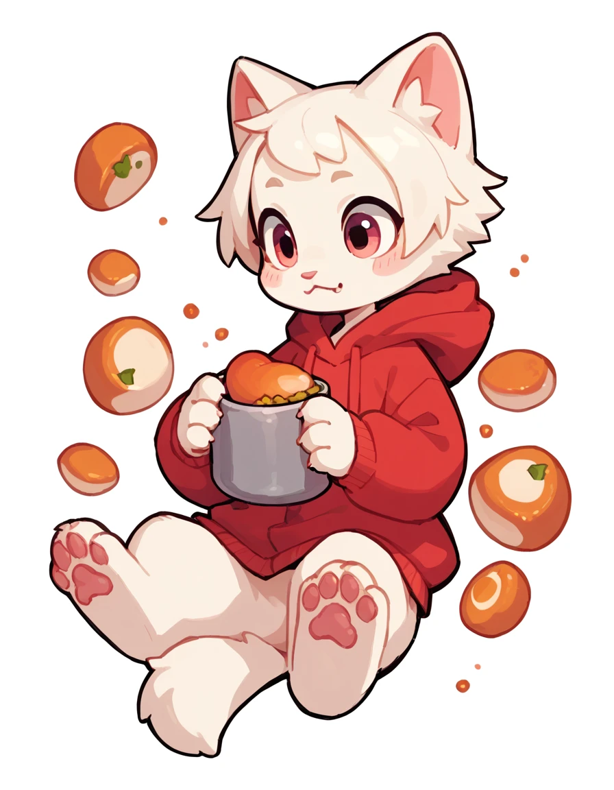 The Q version of the cute white cat，white background, hoodie, paws, beans