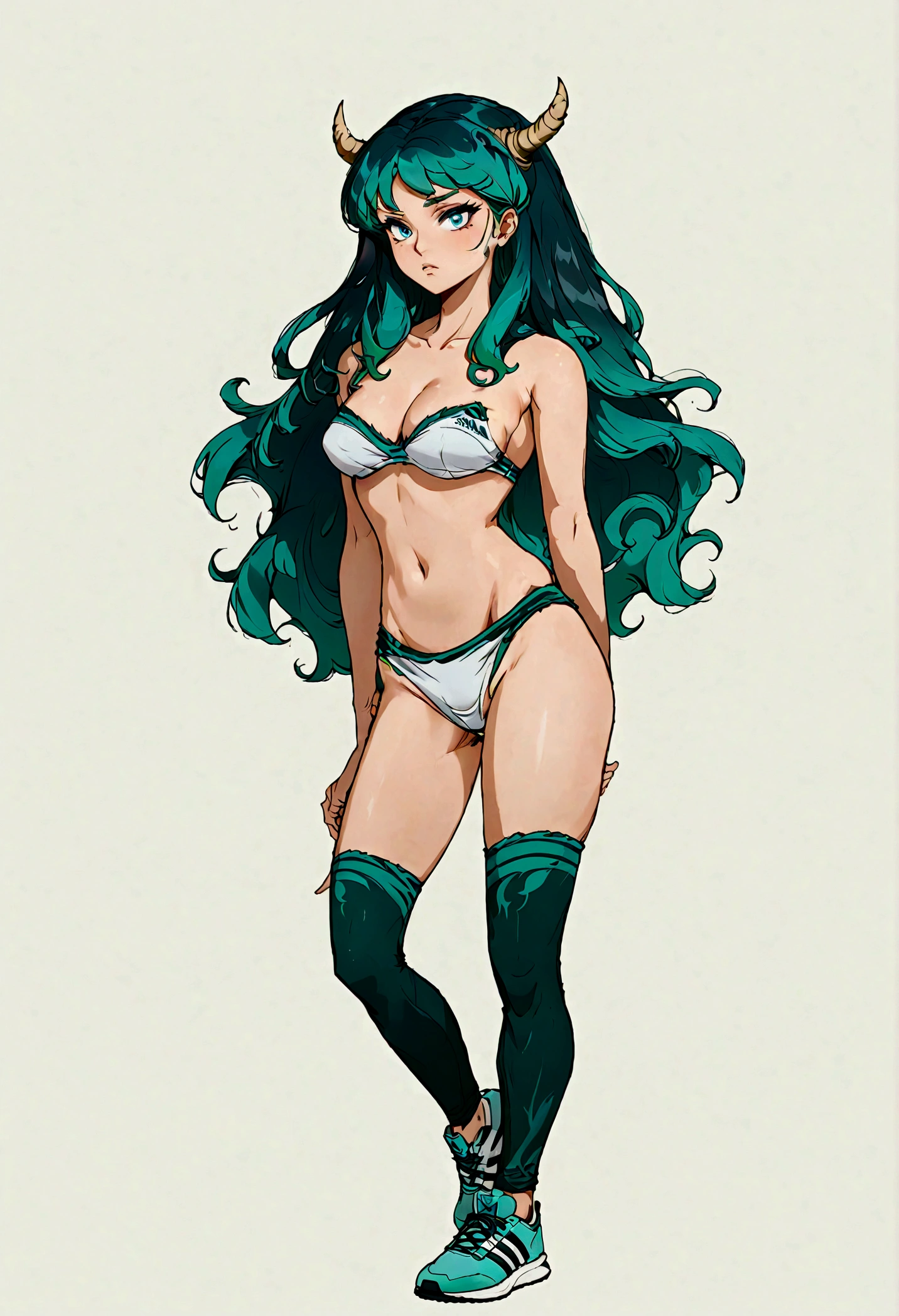 (ultra-detailed), (high resolution), lum, 1girl, solo, long hair, breasts, blue eyes, medium breasts, green hair, horns, makeup, white gradient background (girl Whole body :1.3), squatting legs, (beautiful detailed light blue eyes), the anatomy is correct, anatomically correct fingers, (Adidas Clothing), frown, fume, jitome, best quality, (masterpiece), (high quality), 16k, super detail