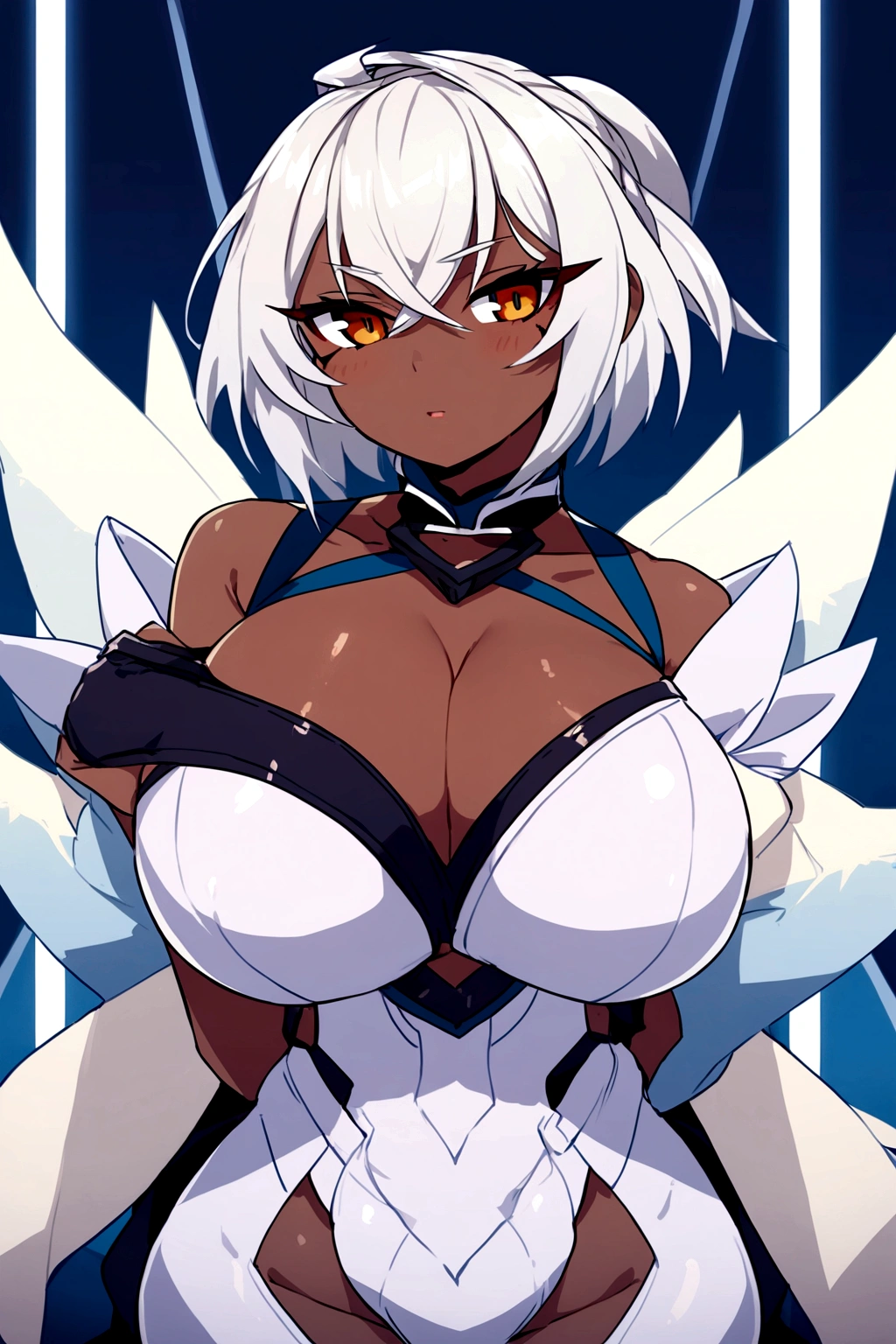 Busty girl with white hair and black ebony skin in exotic clothing