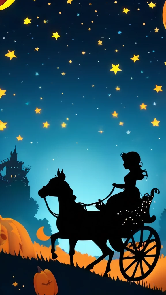 (Silhouette illustration), (silhuette), shadow picture, (Pumpkin Carriage:1.5), chibi emote, flying starry sky like a movie "ET", Like the famous scene of the movie ET、Pumpkin Carriage soars through the sky、under huge full moon, silhuette、