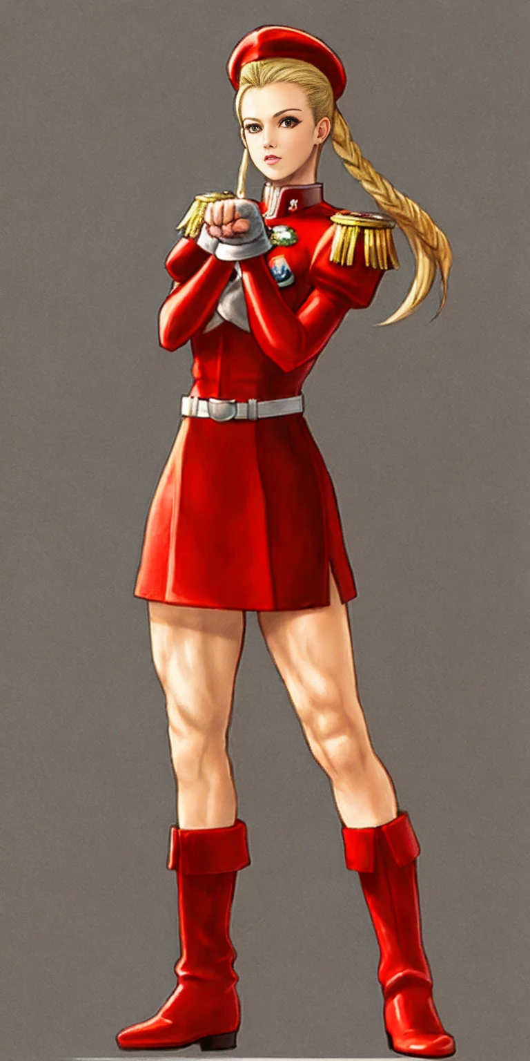 full body toe to head, red military boots and red gloves gauntlets Cammy White from Street Fighter paw pose plain background