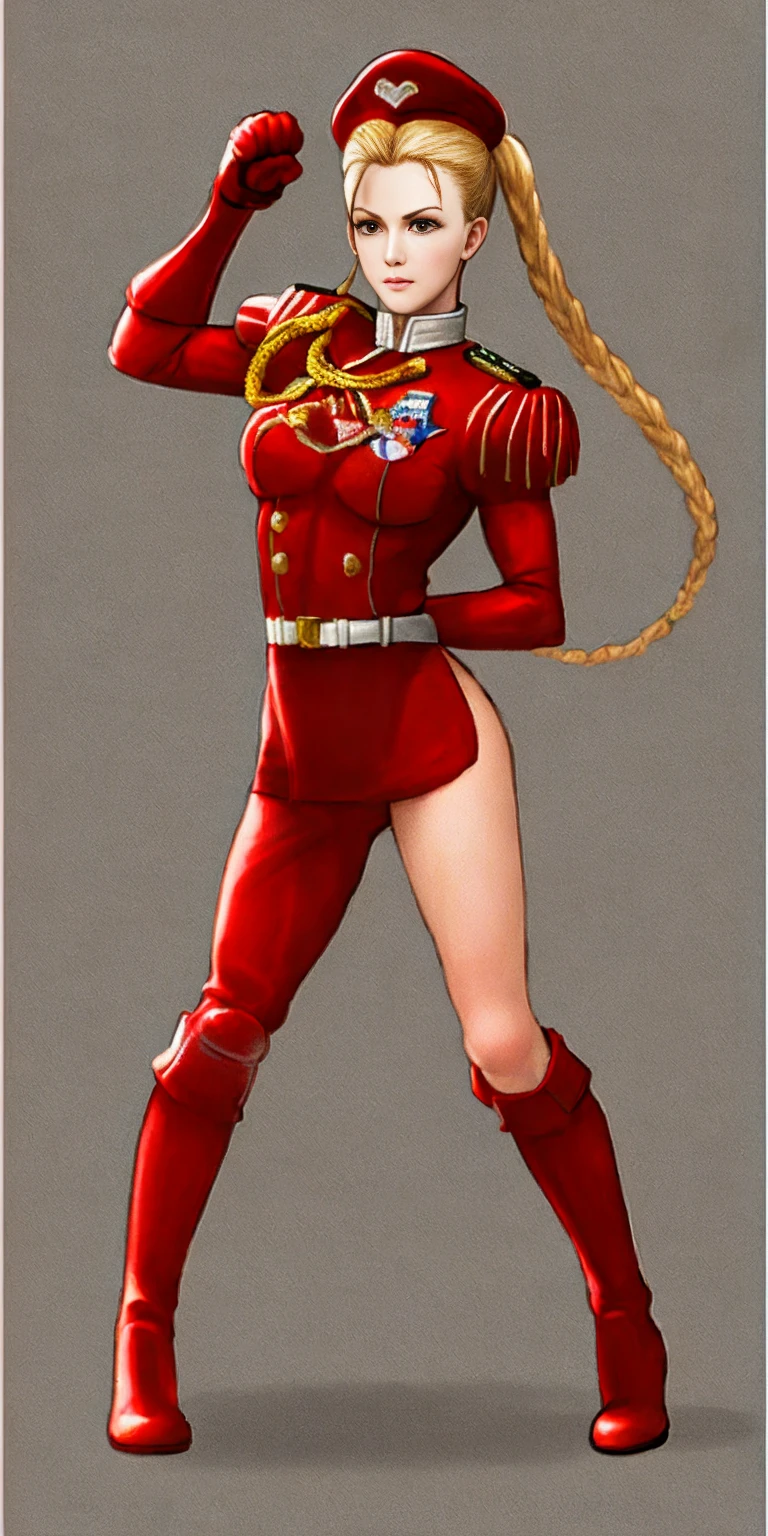 full body toe to head, red military boots and red gloves gauntlets Cammy White from Street Fighter paw pose plain background