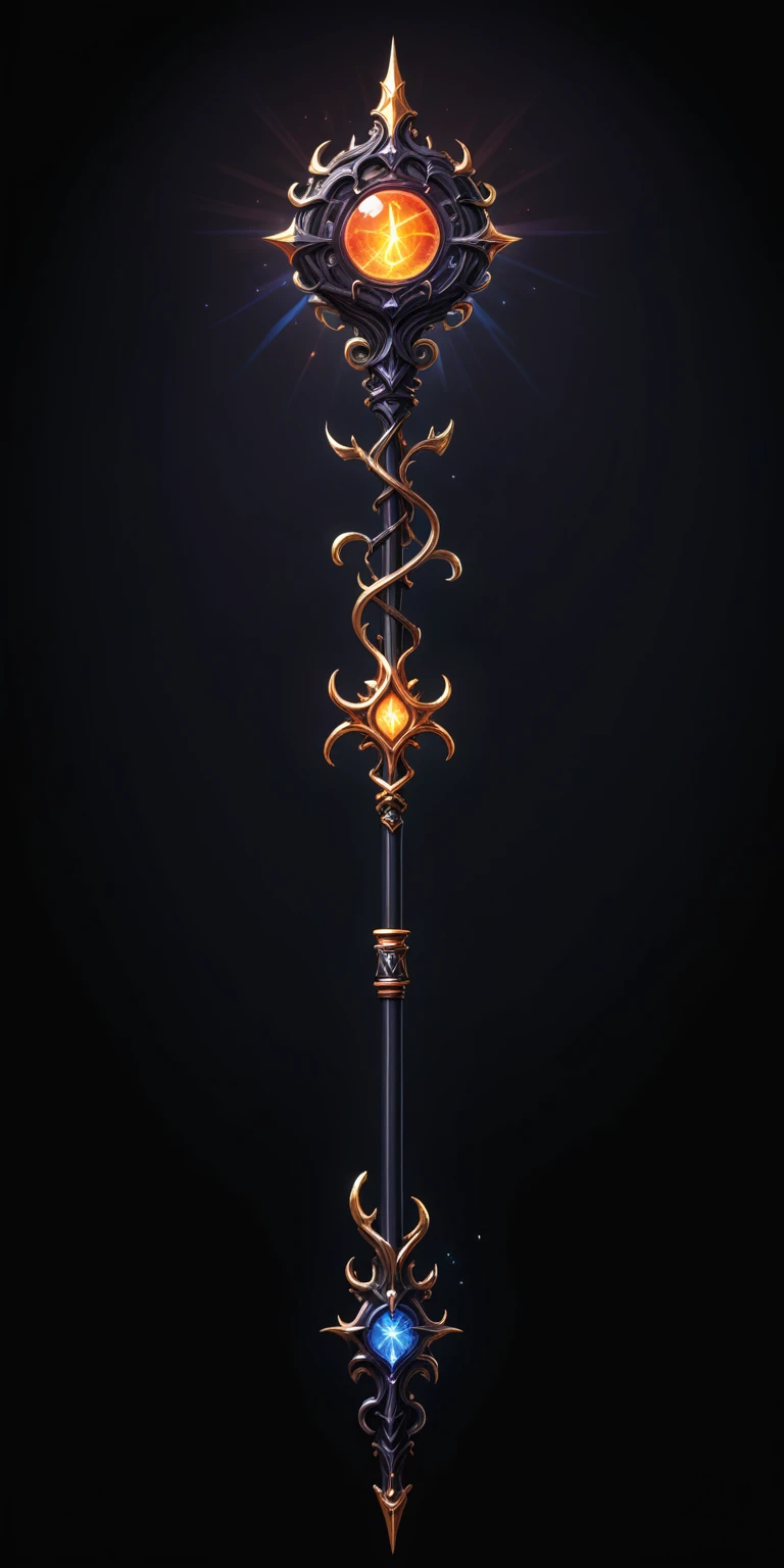 pixel art, cartoon illustration, Divine glavie greatstaff, Powerfull Magical theme, simple black background, RPG game icon 