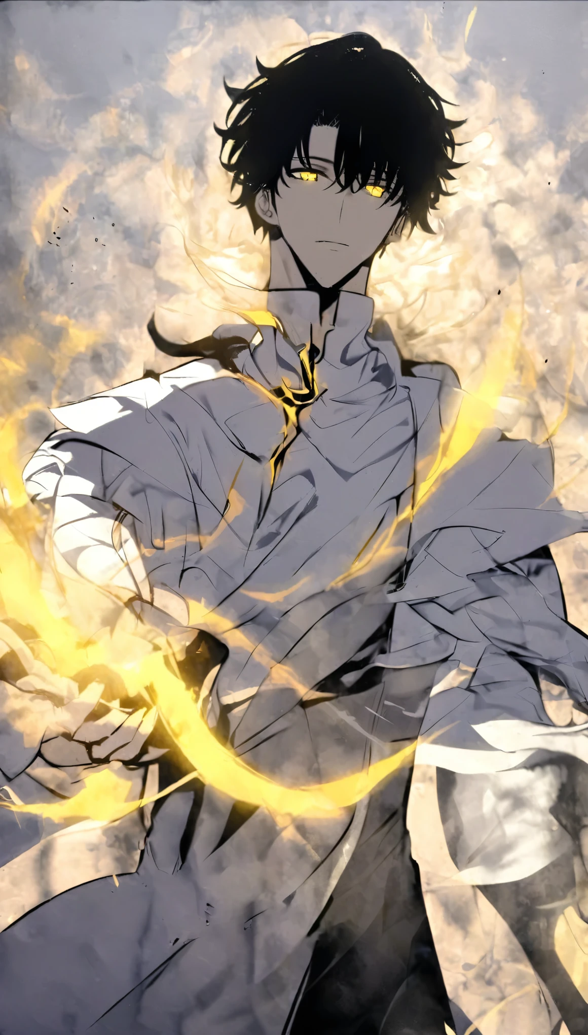 Handsome, alone, male, Short hair, Calm head, black hair, yellow eyes, white shirt, black pants, white coat, white flame,holding a katana in one hand, The blade glows yellow and white