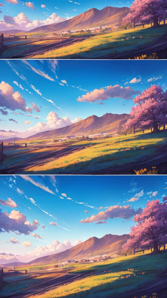 (best quality：1.4)，（Best results：1.4），（Ultra-clear picture quality：1.4），（Ultra-sharp details：1.2）,Summer solstice poster，summer，highway，Sunlight，noon，hillside，Flowers，Distant Mountains，Skyline，Blue sky