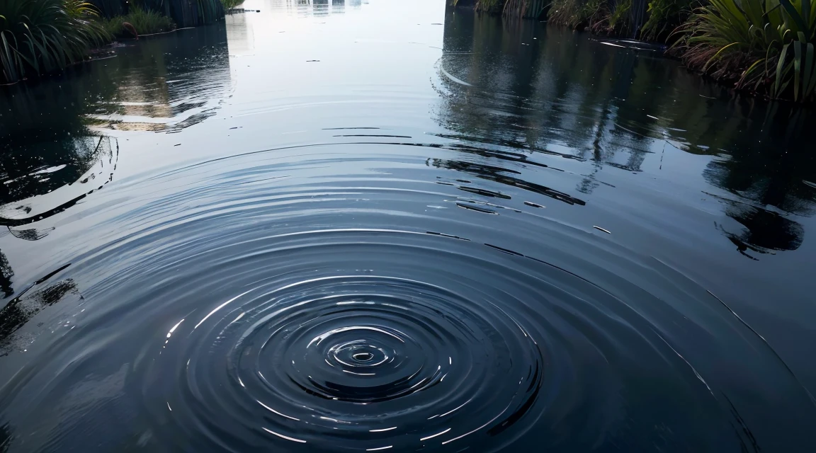 A lot of rain falling on the mirror-like surface of the water, with several ripples, and it keeps falling, (Photographic, Best Quality, High Quality, Highres:1.4), Detail, Highly Detailed, Ambient Soft Lighting, 4K, Background, Depth of Field,