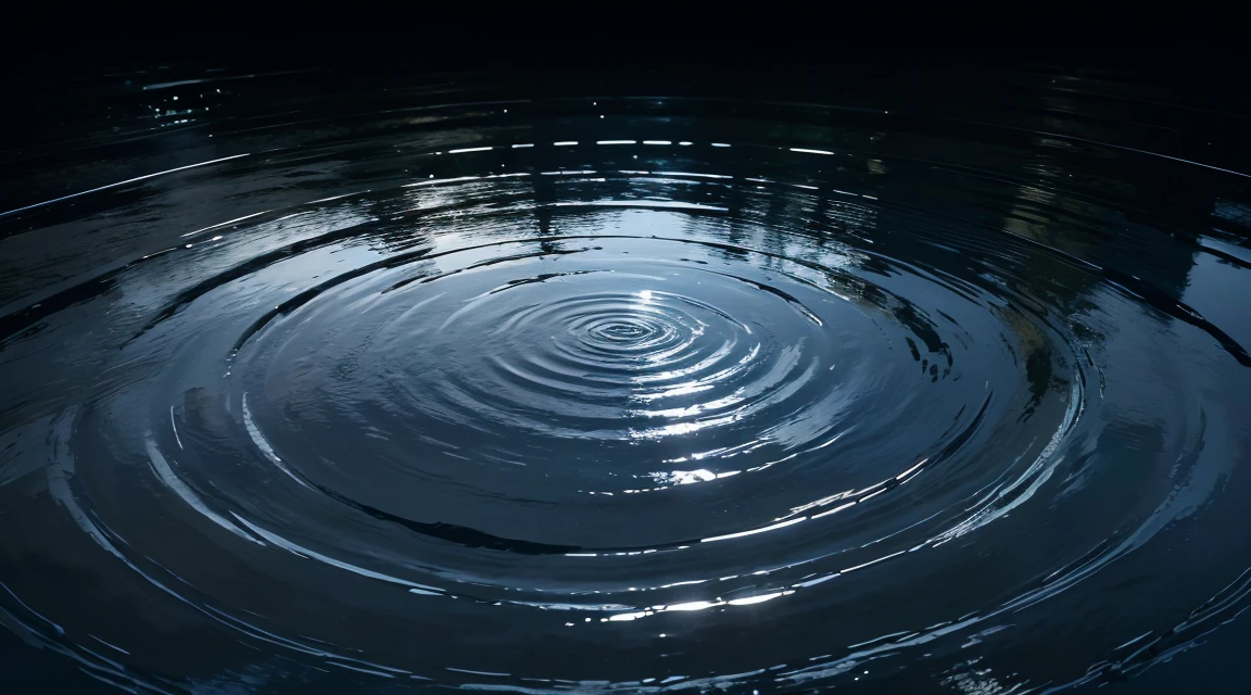 A lot of rain falling on the mirror-like surface of the water, with several ripples, and it keeps falling, (Photographic, Best Quality, High Quality, Highres:1.4), Detail, Highly Detailed, Ambient Soft Lighting, 4K, Background, Depth of Field,