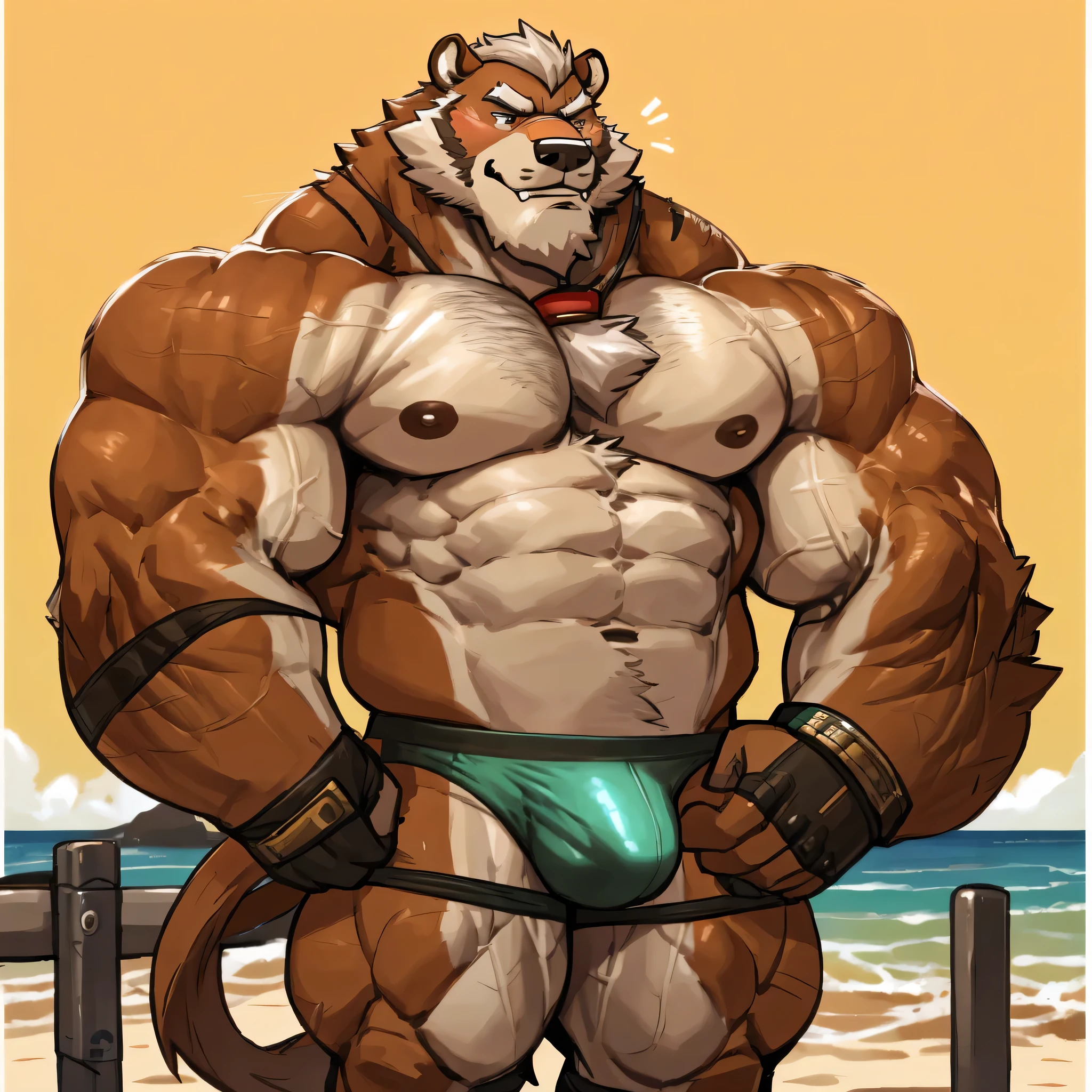 solo, 1boy, Huge Muscular Old Grizzly Bear wearing glasses , pectoral, huge pectoral, wide pectoral, brown fur, short white hair, short black competitive briefs, wristbands and shirtless , bearded, Mustache, muscle beach background, front row, 
masterpiece, high detailed, 8k, high resolution, at the muscle beach working out his chests on the cable crossover UF-T009 - UpForm machine carrying over 100lbs and 45kgs of weight equipments as pumping up and pushing up to the limits