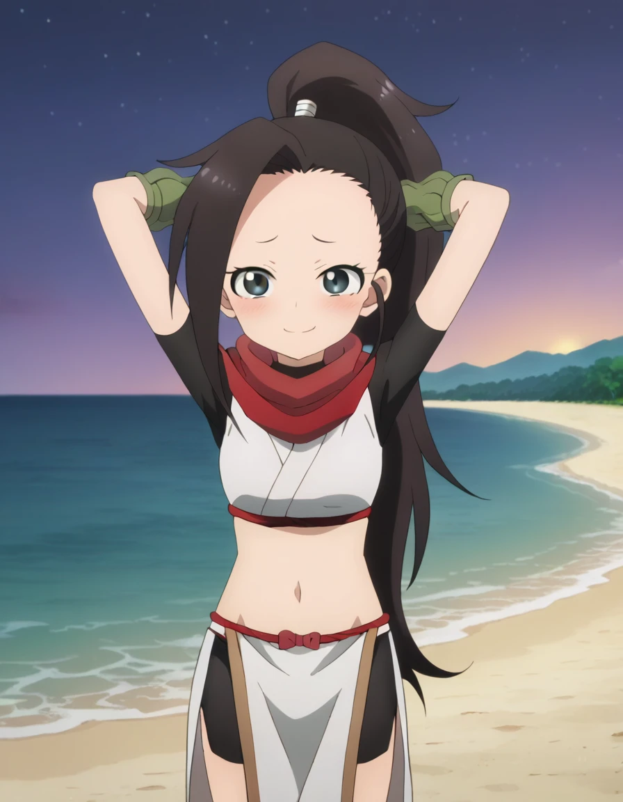  anime coloring, anime screencap, source_anime, anime,uncensored ,BREAK1girl,kunotsubaki, black eyes, black hair, long hair, asymmetrical bangs, forehead, high ponytail, ponytail,shirt, navel, red scarf, scarf short sleeves, pelvic curtain, shorts, green gloves, arm warmers, fingerless gloves, sandals, BREAK,  high quality, solo, 1girl, night sky, beach, arms behind head, contrapposto, closed mouth, spread armpits, (cowboy shot:1.5), looking at viewer, nervous, smile, best quality, blushing, spread legs,