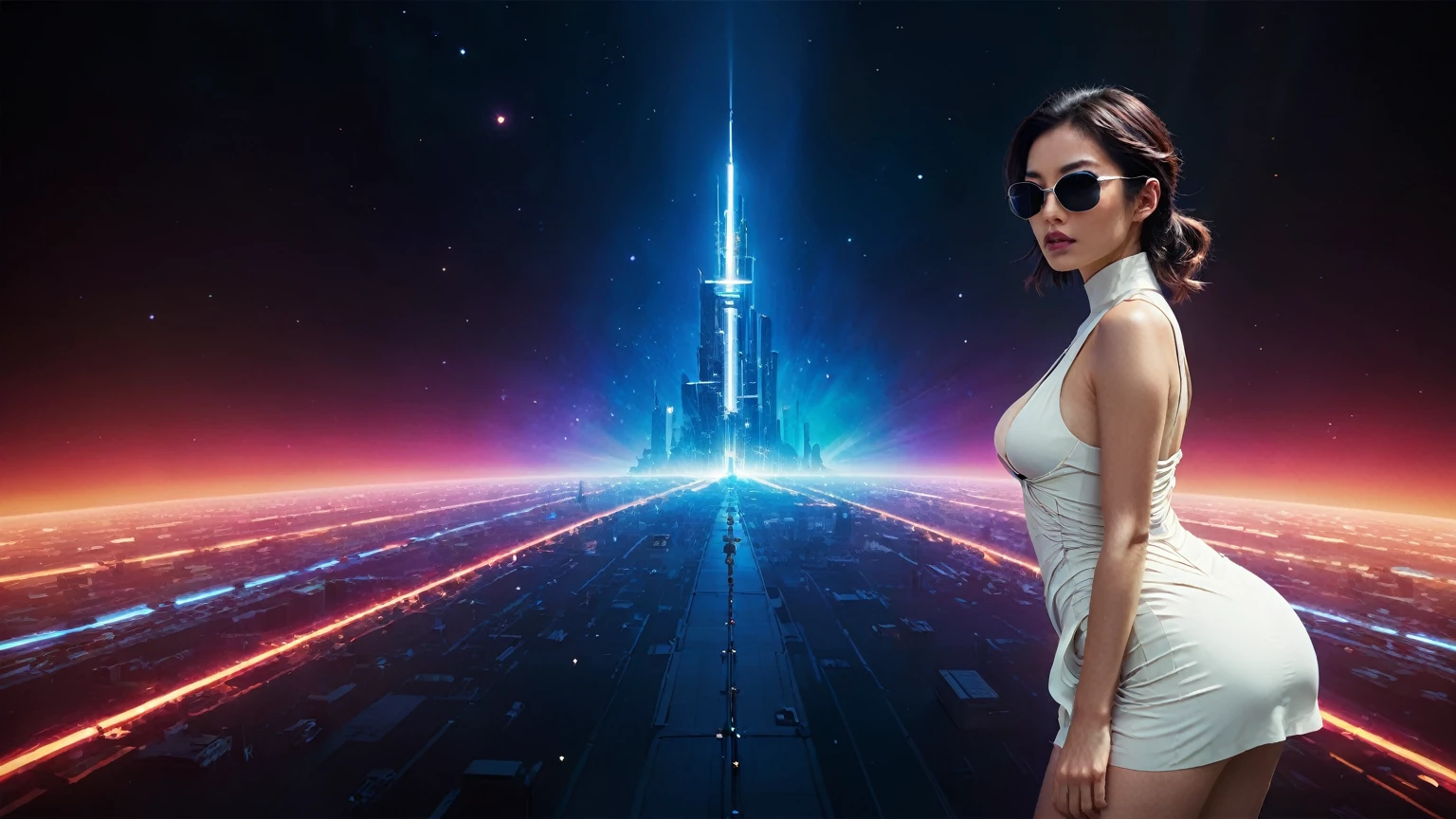 brightly colored abstract image of a space station with a spiral, epic beautiful space scifi, chaotic cinematic space rift, greg beeple, planets colliding, beeple and tim hildebrandt, beeple and jean giraud, end of the universe, galaxy space sci-fi, ringworld, by Mike "Beeple" Winkelmann. Matrix style, (((((Matrix cascading code))))), (((((a futuristic twin tower skyscraper with a unique twisted design))))), (((((OLED GUI interfaces in the building))))), at night, (((((1girl, solo))))), photo realistic, (((large-breast:1.2 slim body, cleavage))), (((off broken mini sling-shirt and black sling bra, extreamly short pleated miniskirt exposing panty))), (((((running pose))))), (((((matrix style black sunglasses))))), ((((((((((aiming with a short gun)))))))))), (((((looking at camera))))), (((very low view))), (((((half-body thigh level medium shot))))), (((cinematic lighting))).