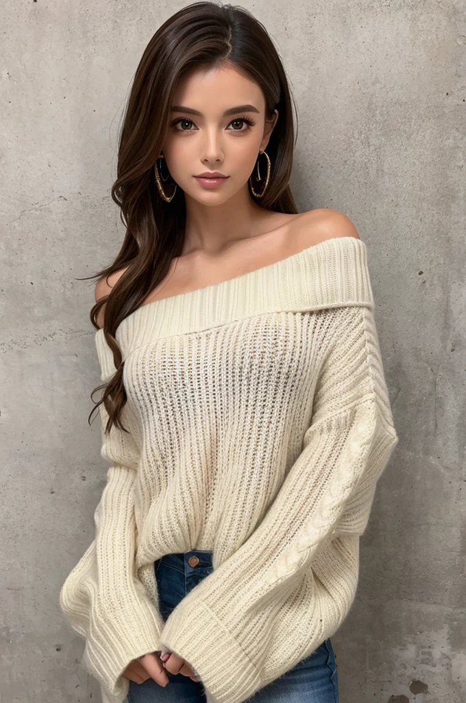 ((highest quality)), ((masterpiece)), (detailed), One girl, Off-the-shoulder sweater, 