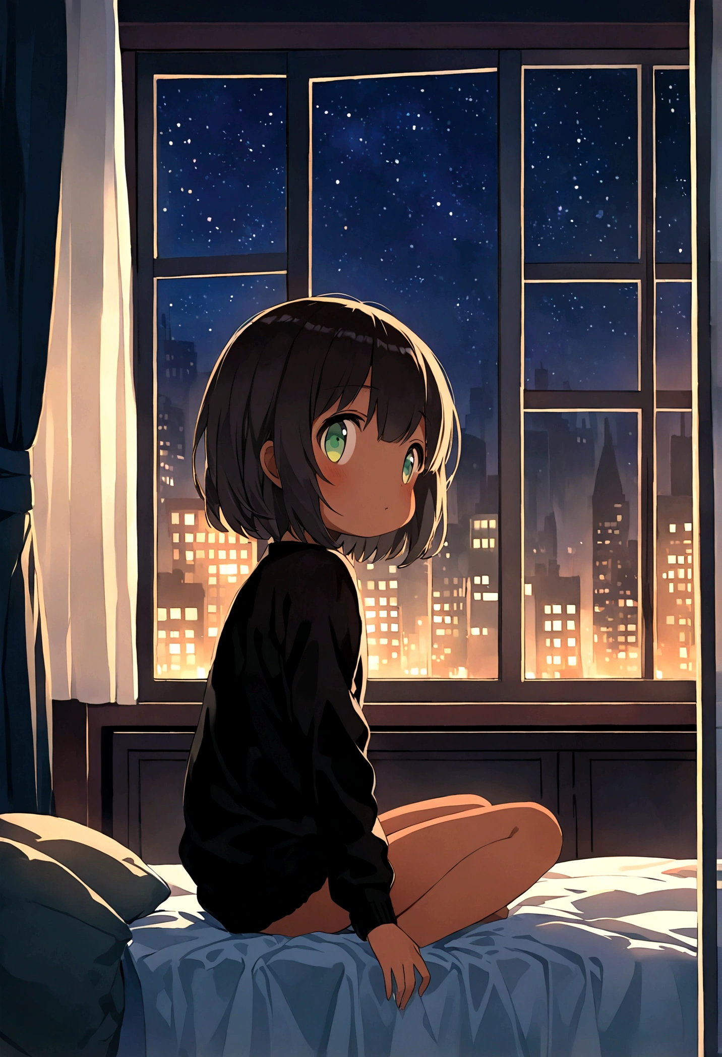 ****, short hair, dark hair, tan, green eyes, black sweater, bare legs, Sitting on the bed looking at the window, it's night, The night is full of bright stars, From the window you can see buildings with their windows open, Your room is tidy, 