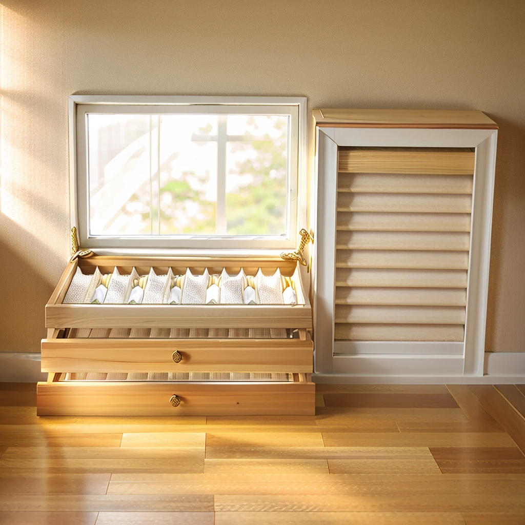 Comfort Room,White curtains,Soft sunshine,Linen floor coverings,Textured,Light filter,Watch Storage Box,Wood grain gloss,Peaceful and tranquil,Wall Still Life,Elegant decoration,Half-open windows,light breeze,Turn the pages,Peaceful atmosphere,Warm and comfortable living atmosphere。