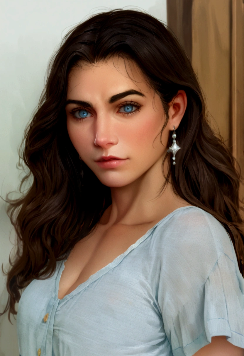 ((mejor calidad)), ((obra maestra)), (detallado), 1 chico, rasgos delicados, long wavy brown hair, ojos marrones, delgado, little, cuerpo androgino, long eyelashes, labios un poco gruesos, piel palida, vistiendo un sueter holgado colo azul