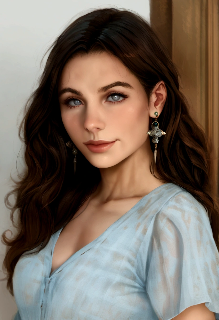 ((mejor calidad)), ((obra maestra)), (detallado), 1 chico, rasgos delicados, long wavy brown hair, ojos marrones, delgado, little, cuerpo androgino, long eyelashes, labios un poco gruesos, piel palida, vistiendo un sueter holgado colo azul