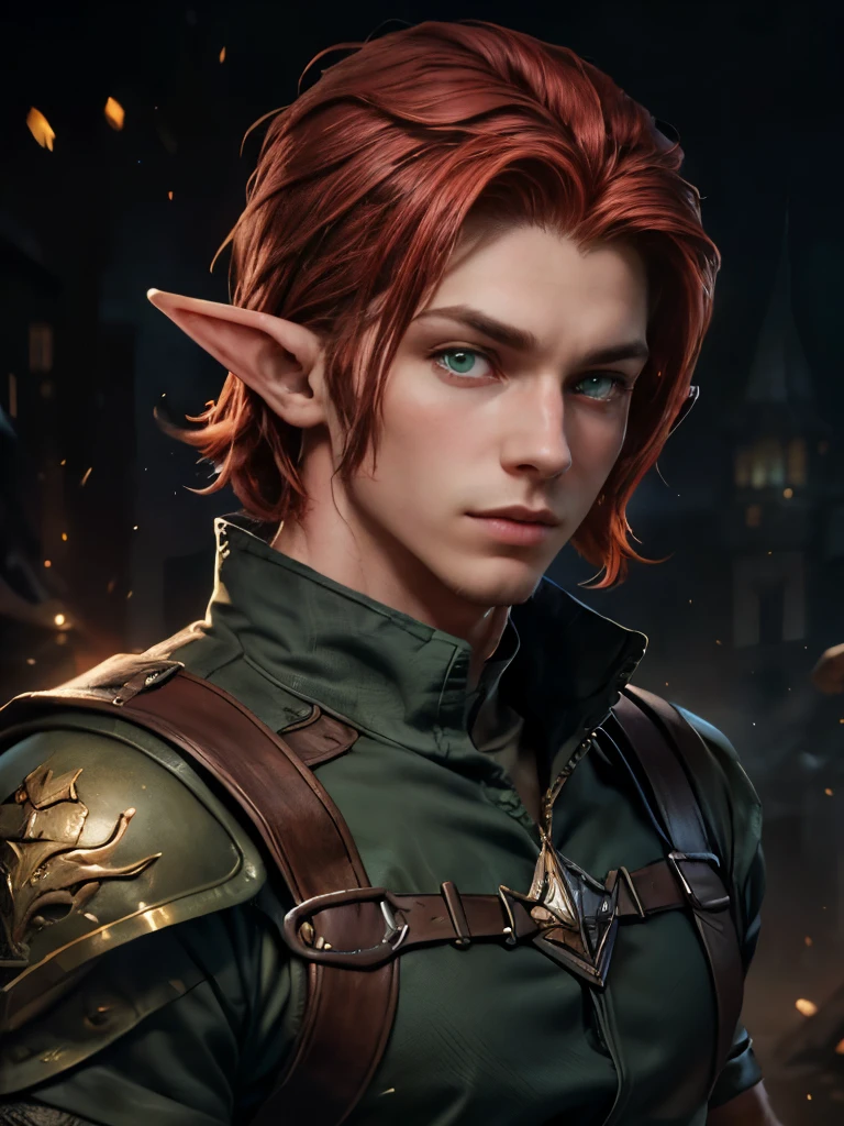 (masterpiece), best quality, high quality, (1male), adult male elf, pointy ears, handsome, (red hair:1.4), short hair, tidy hair, green eyes, military clothes, looking at viewer, upper body, splash art, rpg, intrincate,