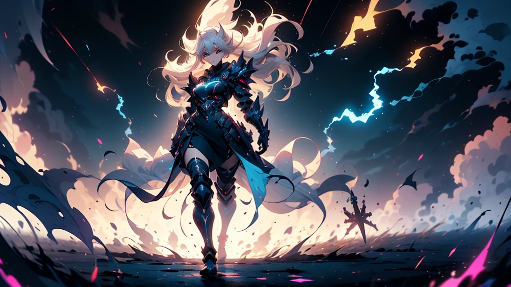 ((full body shot)) of a girl in electrifying, futuristic armor with sleek silver and blue accents, soaring through a stormy, electrified sky. She has short, spiky platinum blonde hair and piercing, electric blue eyes. Her skin has a faint, radiant glow, and she is adorned with intricate lightning bolt motifs. She holds a magnificent staff crackling with arcs of lightning, emitting a powerful, electric aura. The atmosphere is {charged|awe-inspiring}, with thunderclouds and bolts of lightning illuminating the scene. The ground beneath her is charged with static electricity, creating a shimmering effect and adding to the electrifying ambiance. Surrounding her are swirling storm clouds and bursts of lightning in shades of {blue|white}, casting a dynamic, electrical glow. As she flies, she effortlessly manipulates the lightning bolts with her outstretched hand, showcasing her mastery over electricity. The background features towering, swirling storm formations and glimpses of a distant, lightning-lit castle, hinting at a kingdom ruled by thunder and lightning. The scene is intense and majestic, with her face showing a confident yet serene expression, her eyes focused intently on harnessing her power.

[Best quality], [Masterpiece], [Ultra-detailed], [4k], {charged|awe-inspiring} atmosphere, stormy sky, {dynamic pose|commanding pose}, electrified illumination, {soft shadows|dramatic lighting}, {charged ground:0.7}, {swirling storm clouds:0.6}, {bursts of lightning:0.5}, {storm formations:0.4}, {lightning-lit castle:0.3}.