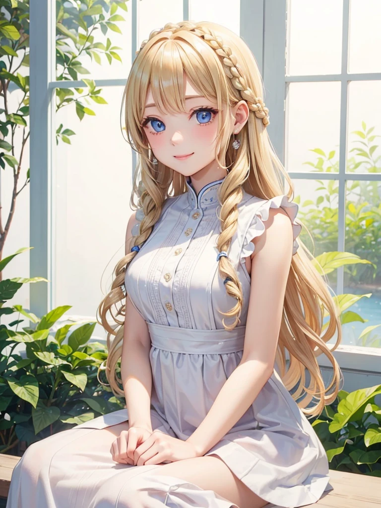 Blonde Hair、blue eyes、girl、Lady、Braiding、I have long hair。、girl、White dress、smile、Vertical Roll、Drill Hair、Wavy Hair、Sitting、palace、reservoir