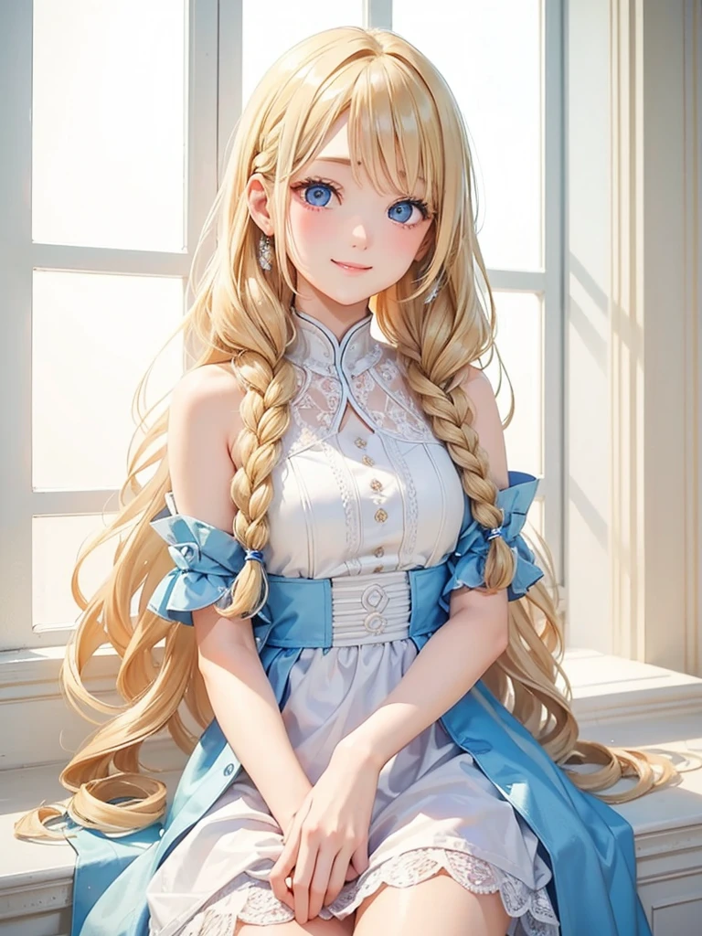 Blonde Hair、blue eyes、girl、Lady、Braiding、I have long hair。、girl、White dress、smile、Vertical Roll、Drill Hair、Wavy Hair、Sitting、palace、reservoir