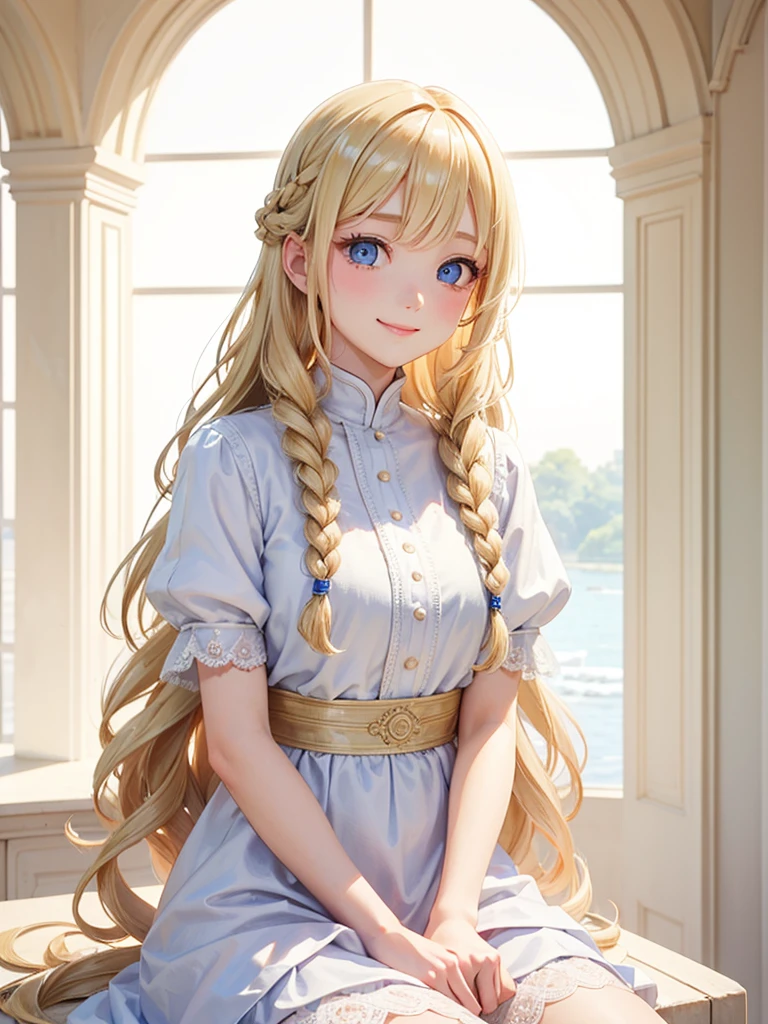 Blonde Hair、blue eyes、girl、Lady、Braiding、I have long hair。、girl、White dress、smile、Vertical Roll、Drill Hair、Wavy Hair、Sitting、palace、reservoir