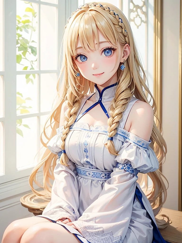 Blonde Hair、blue eyes、girl、Lady、Braiding、I have long hair。、girl、White dress、smile、Vertical Roll、Drill Hair、Wavy Hair、Sitting、palace、reservoir