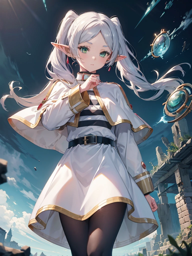 8k, high quality, High resolution, Realistic, Attention to detail, Highly detailed face, ((masterpiece)),
((Freeze Base)), beautiful girl, (Flat Body), Fairy, Pointy Ears, Gray Hair, (Long twin tails), Green Eyes, staff,
White Capelet, Striped shirt, White Skirt, Long sleeve, belt, Black Pantyhose, White Cape, magic, magic circle, (Shabby ruins), Medieval village, Attractive pose,Hold the spellbook and cast magic、Thighs、Erotic