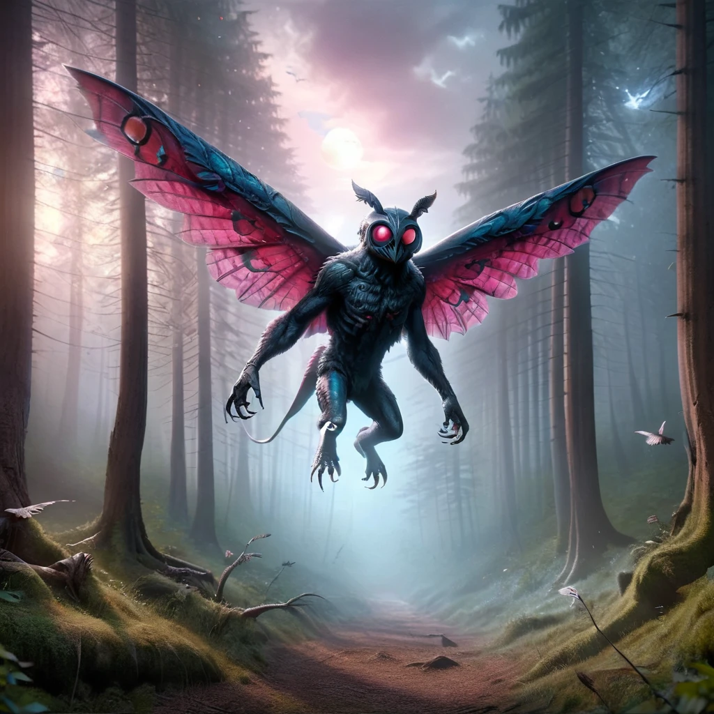 ral-mythcr, mothman, mythical creature, an image of the Mothman, a creature from American folklore, set against a blue pink and white sky, flying over the woods, cute, blue pink and white color scheme