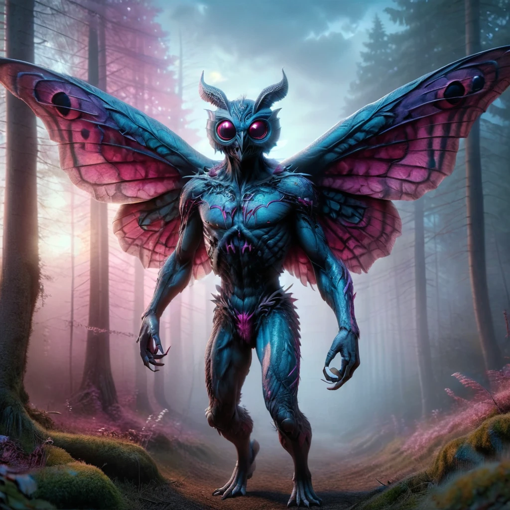 ral-mythcr, mothman, mythical creature, an image of the Mothman, a creature from American folklore, set against a blue pink and white sky, flying over the woods, cute, blue pink and white color scheme 