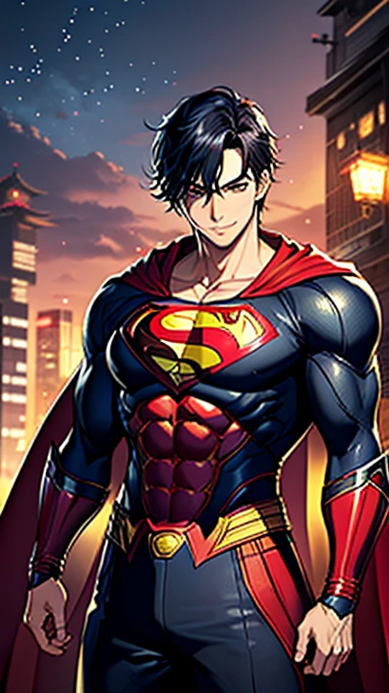 (highest quality, masterpiece, High resolution)、4K Anime Art、(1 handsome Japan man、20-year-old)、(cowboy_shot、Natural standing posture、)、 (Detailed depiction of a handsome face)、Happy smile、large chest、Short Hair、straight cut、 (Jrpg style Superman costume ,red cape)、(Dark midnight background)、((Gotham City Background))、