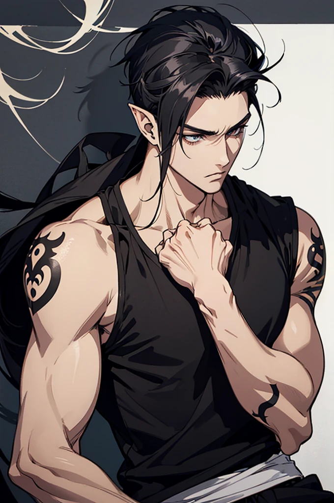 anime, male, muscular, tattoos, two devil horns protruding from hair, golden eyes, bangs, beautiful, handsome japanese demon, detailed digital anime art, short black hair in the undercut style, male anime character, inspired by tite kubo, mid 20s, masterpiece, light pencil strokes, broad shoulders, sharp black nails, black tank top and sweatpants, modern day clothing, pointed elf ears