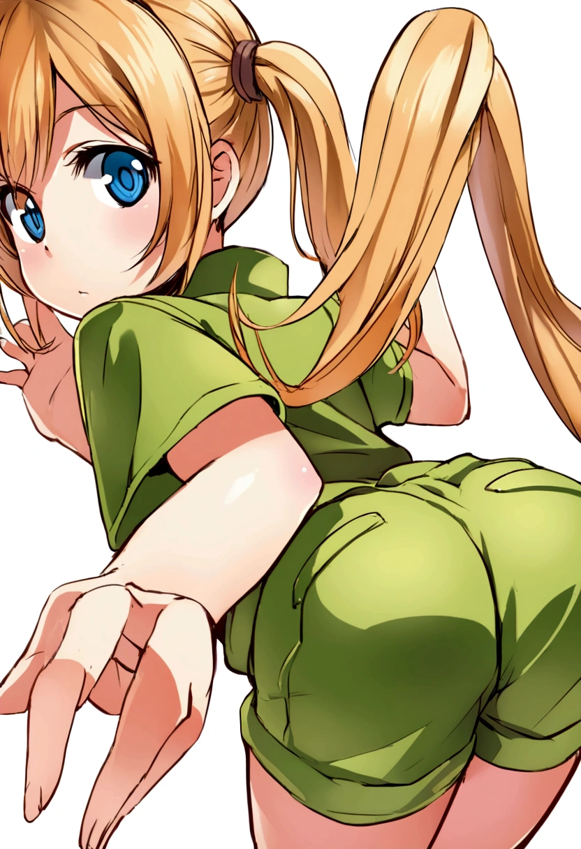 orange-blonde hair girl, pigtails to mid-back, blue eyes, green jumpsuit, shorts, white t-shirt