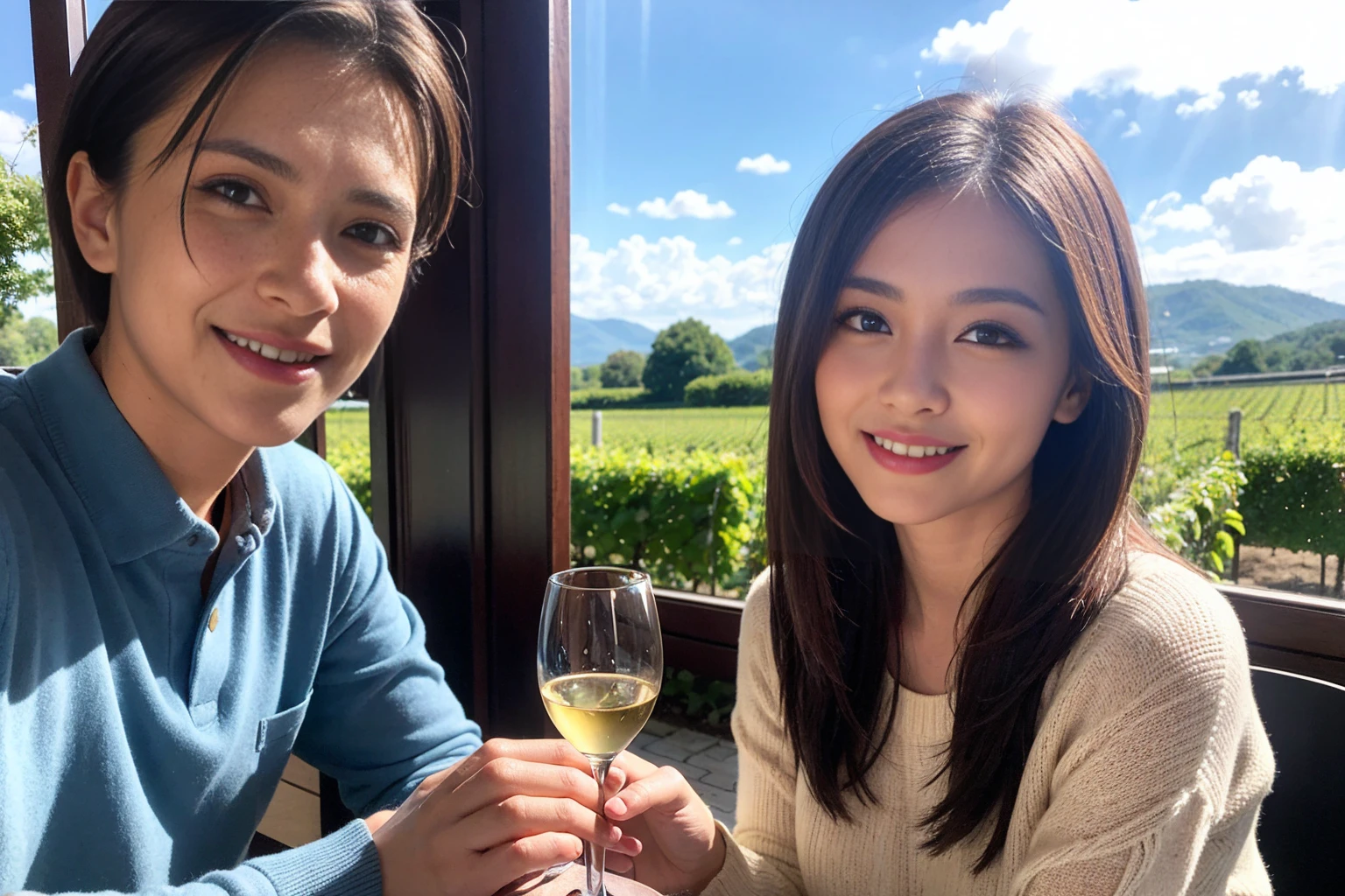 ((highest quality、8k、masterpiece:1.3))、1 male、1 female、Couple、spouse、Couple、The body is slim、((Bob Hale、Straight hair:1.2)), (Realistic, Intricate details:1.2), テーブルの上のwine glass、Shine light on your face、 Amazing view of the sunset sky and clouds、Amazing mountain views、A bright smile、The wonderfulness of smile、Bright image、The beauty of wine, Beautiful Face, blue eyes, The light shines on your face, Blushing, short hair,Bright Face、 (Age 37), 39 years old, red wine 、Appetizers、Italian food、Wine bottle、Champagne、sparkling wine、Two beauties、Brown Hair、Shortcuts、Long sleeve shirt、dress、Pretty Woman 1, (slimな顔), (The body is slim), (Brown Hair), (Shortcuts), cheeks turn a little red,Attractive beauty、restaurant, In a prominent place (From the waist up) Nova Frog Style, actress, model, Upper Body, White wine, slim, wine glass, 中央に置かれたwine glass, smile, (smile: 1.15), Beautiful fine grain, Depth f/2,saturation, High Contrast, Strong light and shadow,Moist Body:1.5、3D texture、Delicate eyes、Brown Hair、The hair is very shiny、